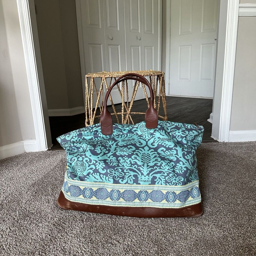 Amy Butler for Kalencom Floral Organic Cotton Leather Weekender Tote Bag Blue